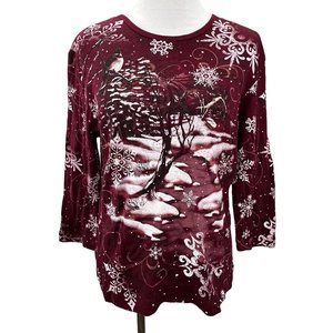 Winter Snowflake Knit Top Shirt Birds Snow Trees size M Women Burgundy Y2K
